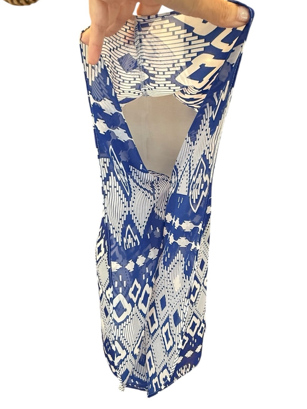 JOSA Tulum Kimono Blue White Geometric Print Cover Up Mini Dress  OS One Size - Picture 5 of 9